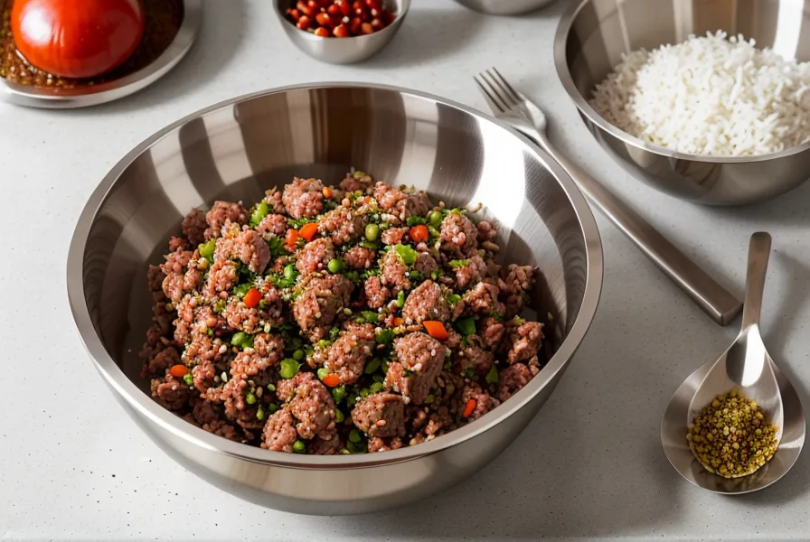 Mezcla artesanal de carne de cerdo y grasa para chorizos con condimentos en un bowl.
