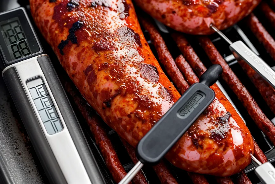 Termómetro de carne midiendo la temperatura interna de un chorizo en la parrilla.