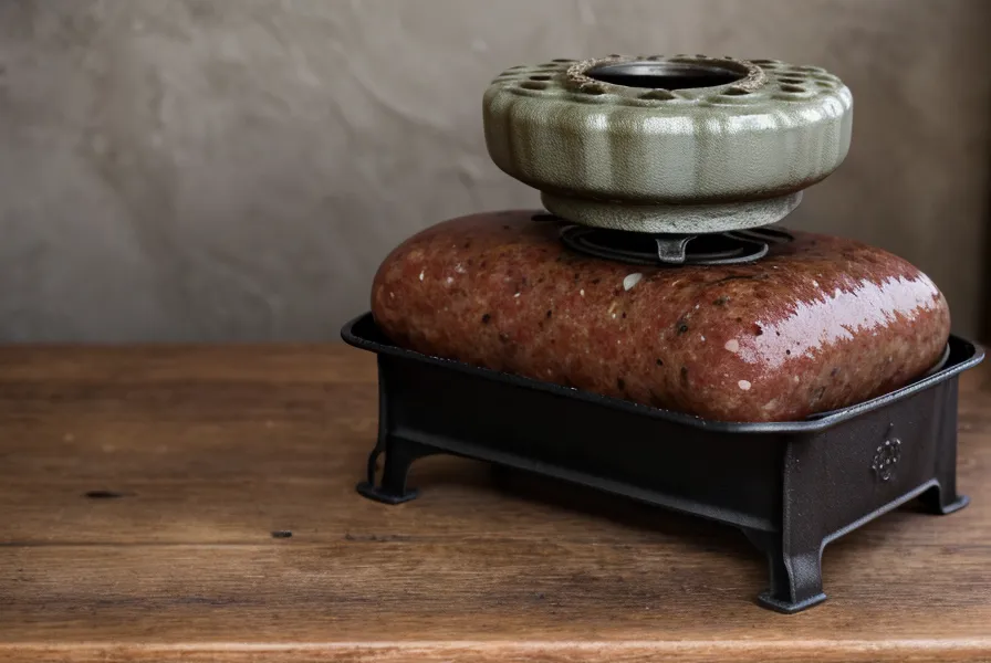 Embutidora manual de hierro fundido utilizada para hacer chorizos caseros en la cocina.