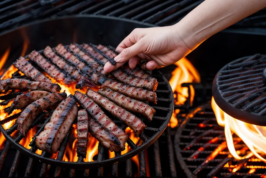 Mano de un asador midiendo el calor sobre los fierros de la parrilla