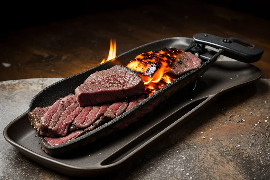 Corte de vacío cocinándose lentamente sobre la parrilla de hierro