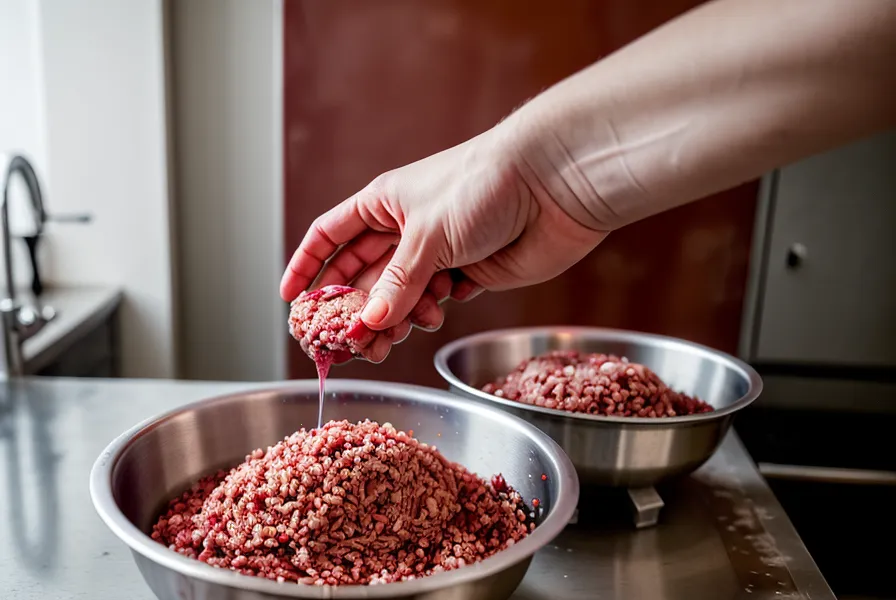 Mezclando carne picada de cerdo con especias en un bol de acero frío.