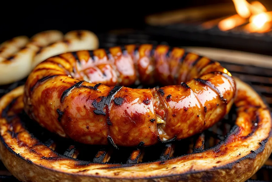 Chorizo parrillero artesanal cortado mostrando su textura interna jugosa y equilibrada.