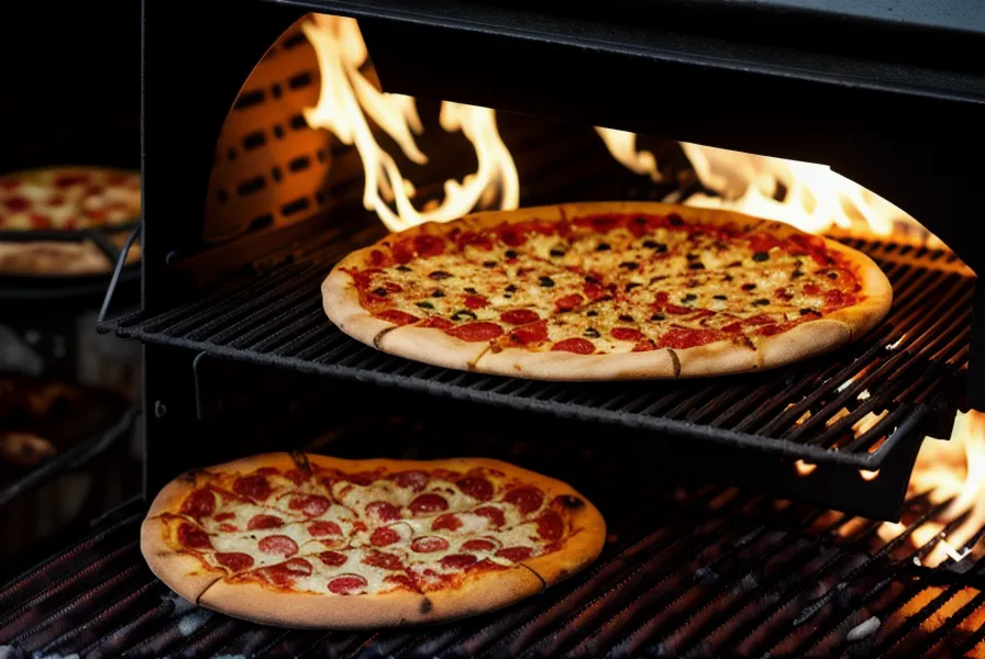 Pizza terminada a la parrilla con queso derretido en un balcón nocturno