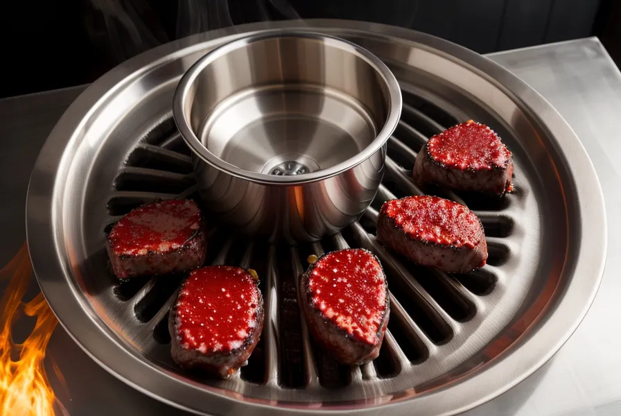 Bandeja con agua colocada bajo la parrilla para evitar que la grasa genere humo