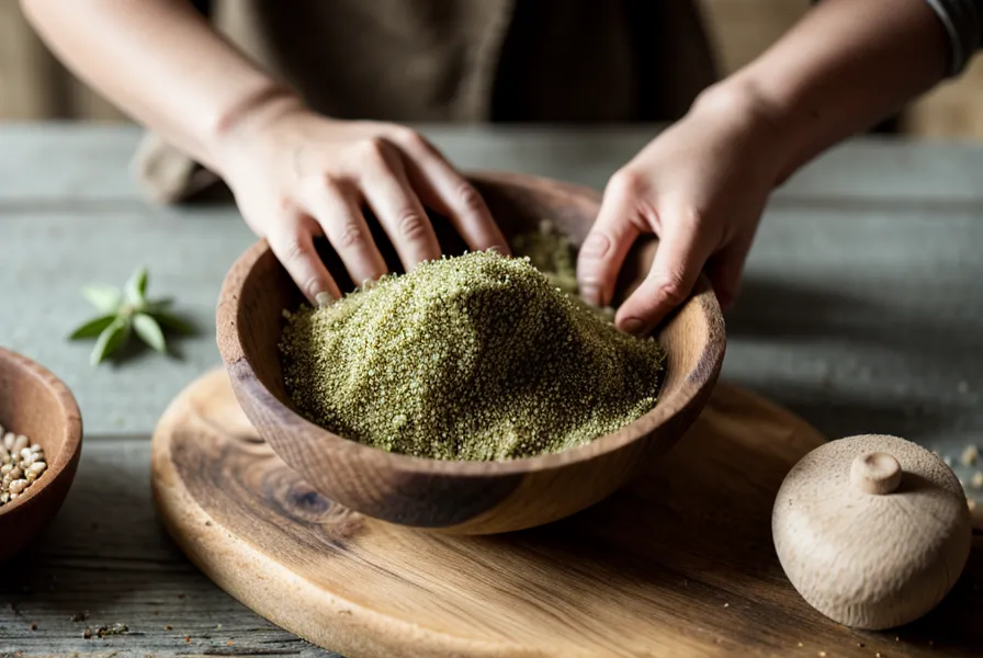 manos frotando orégano seco para soltar el aroma en la preparación