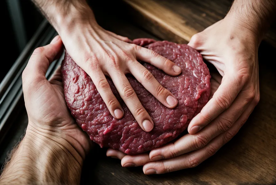 Manos moldeando un medallón de hamburguesa de 180 gramos con carne fría