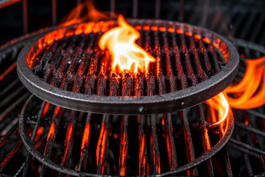 Detalle de las brasas de carbón bajo una parrilla de hierro ángulo soldada a mano.
