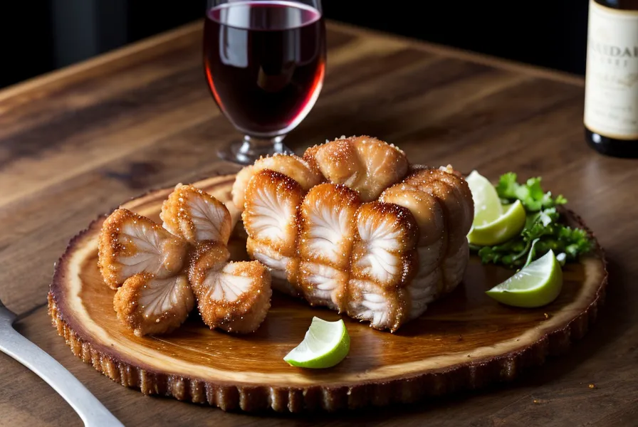 Mollejas crocantes servidas en una tabla de madera con pan y vino tinto.