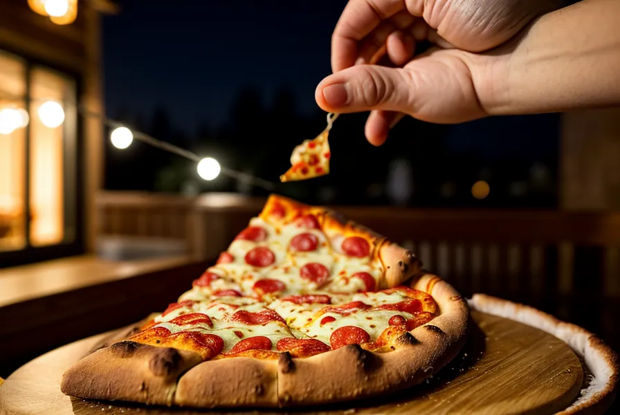 Pizza de masa crocante terminada en un balcón de Caballito con las luces de la ciudad de fondo