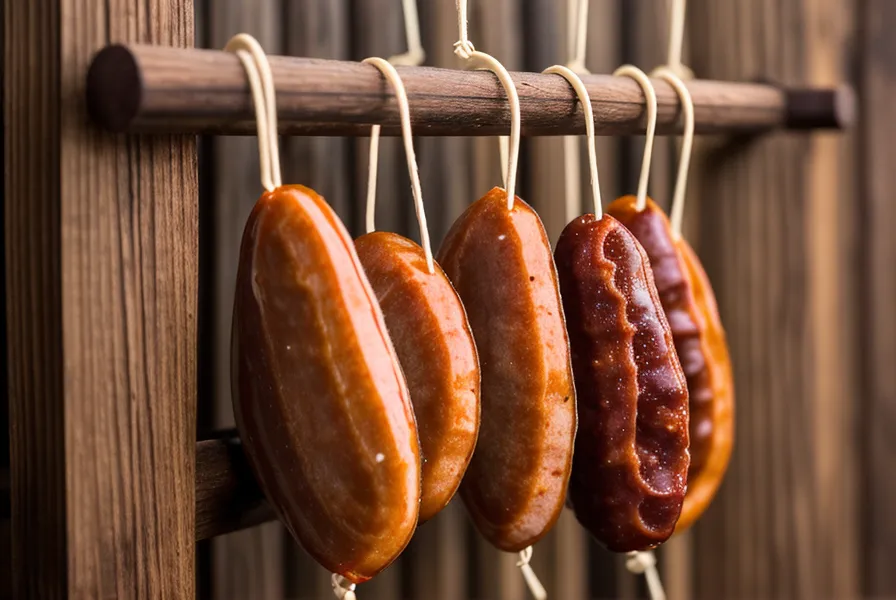Chorizos artesanales colgados en la heladera durante el descanso antes del asado