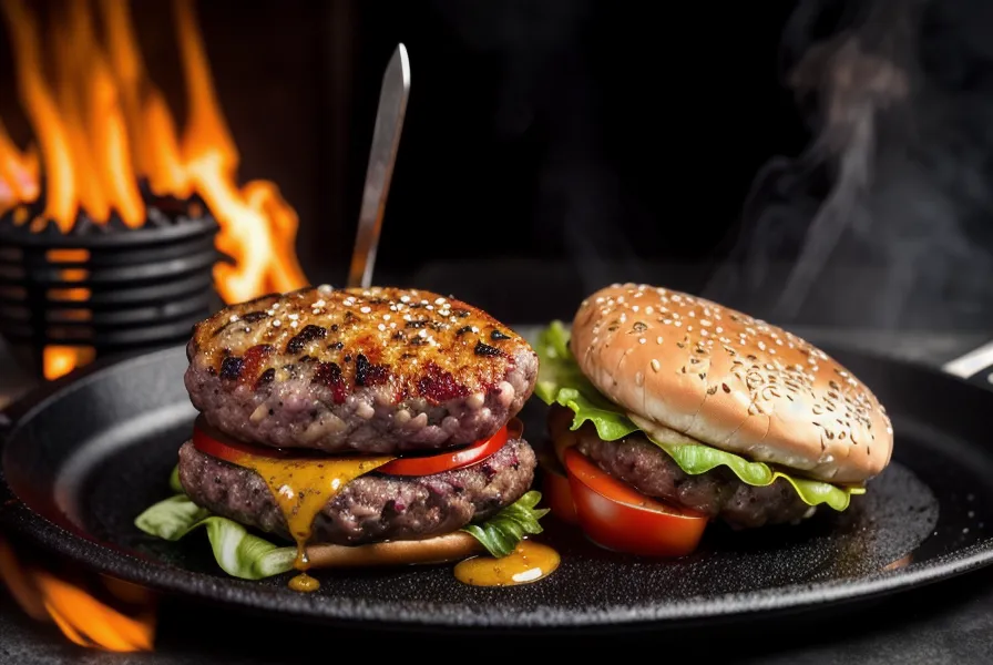Hamburguesa perfectamente sellada en la parrilla con grasa burbujeando