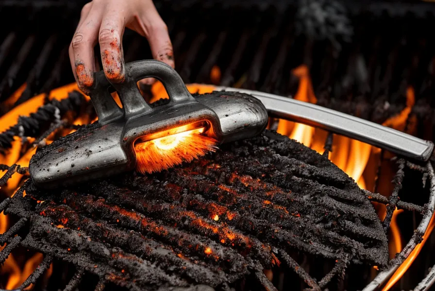 Raspado de la parrilla caliente con cepillo de acero para quitar residuos