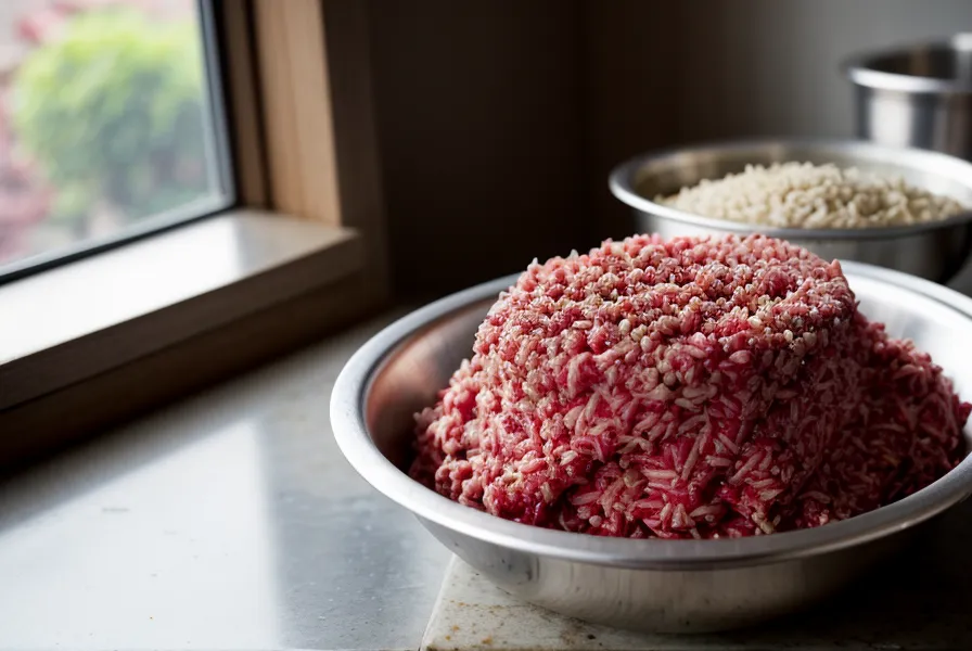 Mezcla de carne de cerdo picada y grasa para chorizos caseros en un bowl de acero.