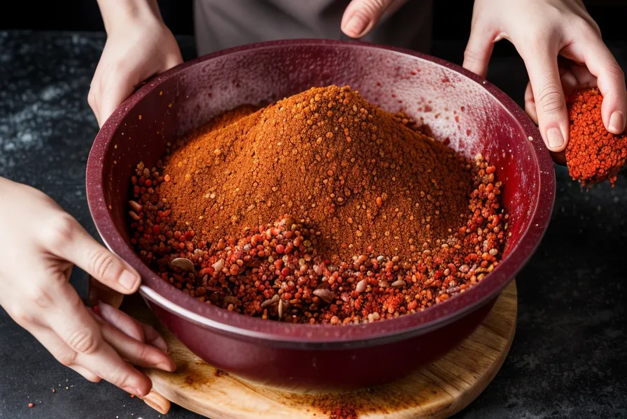 Manos amasando carne de cerdo con especias rojas y pimentón para embutidos.