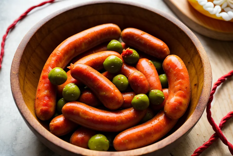 Chorizos parrilleros caseros recién atados descansando sobre una tabla de madera.