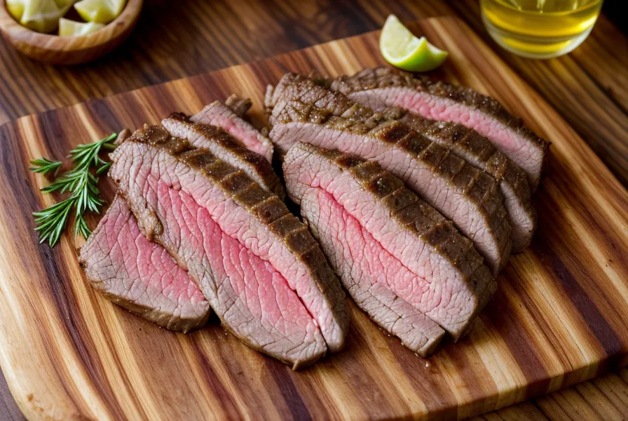 Carne a punto servida en tabla de madera con el perro Roque