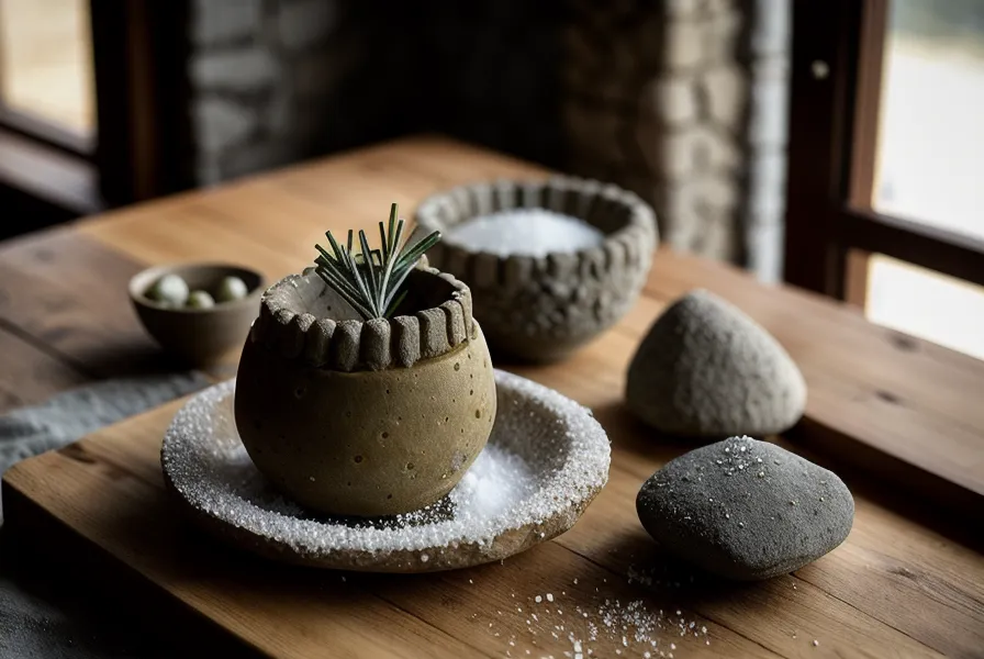 Mortero de piedra con sal, romero y ajo para preparar un marinado casero